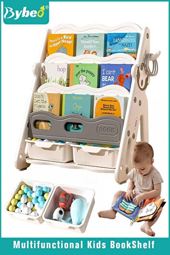 BYBEO Kids BookShelf Organiser, Children's Book shelf with 2 Baby Toy Storage Racks, PP Cartoon Book Racks