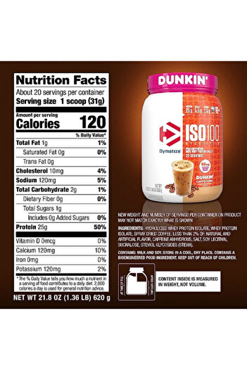 Dymatize ISO100 Protein Dunkin' Mocha Latte, 25g Protein, 20 Scoops