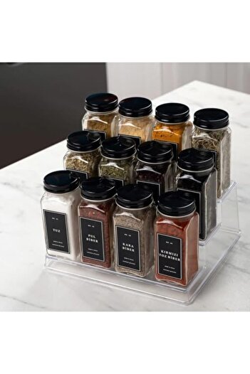 STOREMAX Snshop Spice Jar Set – 12-Piece Square Glass Jars, Black Lid & Spice Organizer with Labels S