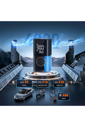 Elindor Compresor auto digital ®, portabil, 4000mAh, negru