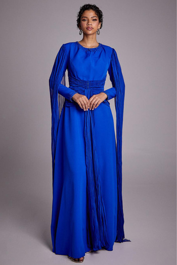 Tiara Women's Tulle Detailed Draped Evening Dress - Saks Blue