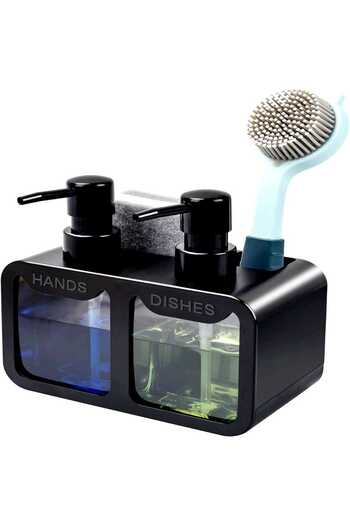 Elindor 2-compartment soap dispenser set, sponge and brush holder, 4-in-1 organizer, black