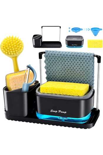 Elindor Dish soap dispenser set with sponge holder, tray, utensil organizer, brush and funnel