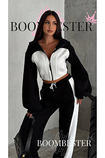 BoomBester Women's Three-Thread 100% Cotton Oversize Tracksuit Set - Relaxed Fit with Ribbed Corset and Stripe Detail