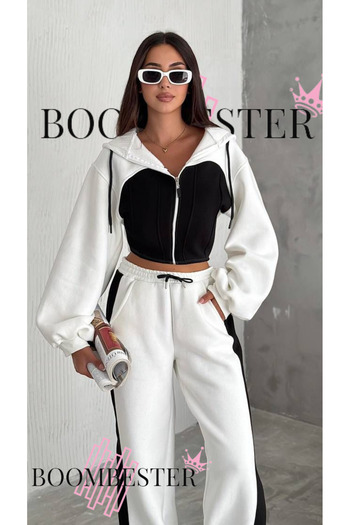BoomBester Set de trening oversize pentru femei, 100% bumbac, cu trei fire - Corset cu broderie și detaliu cu dungi, croială confortabilă