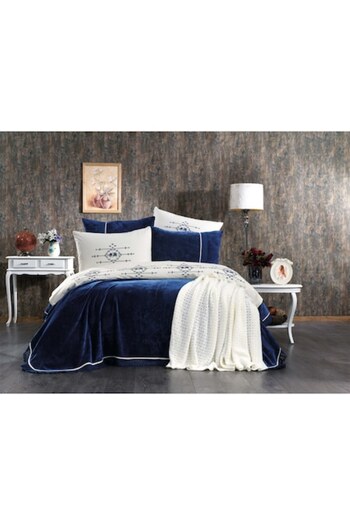CASA SABRY Set luxury bordat 8 piese, wellsoft, cearceaf de pat, cuvertura pat, patura, Navy