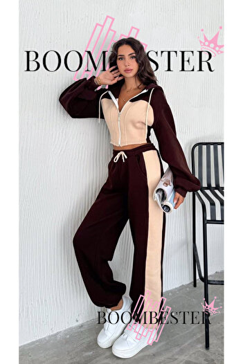 BoomBester Women's Three-Thread 100% Cotton Oversize Tracksuit Set - Relaxed Fit with Ribbed Corset and Stripe Detail