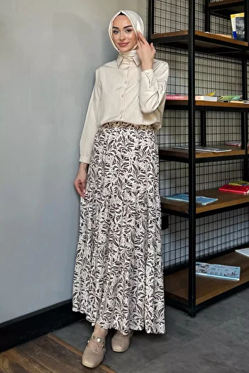 julude Stone Brown Women's Three Layer Patterned Hijab Viscose Skirt