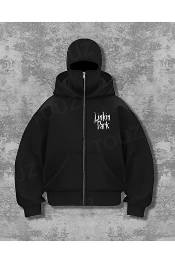Touz Moda Oversized Zippered Black Unisex Hooded Cardigan with Mask Detail