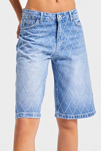 its basic Women's Denim Color T-2S5-4 Baggy Bermuda Fit Shiny Stone 100% Cotton Design Denim Jean