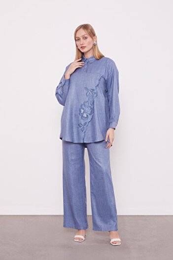Levidor Blue Embroidered Rose Detailed Tunic Set