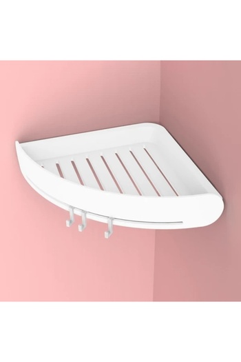 FOXMAG24 Self-Adhesive Corner Bathroom Shelf, ABS, 3 Hooks, 24x5cm, Quick Assembly, Water-Resistant