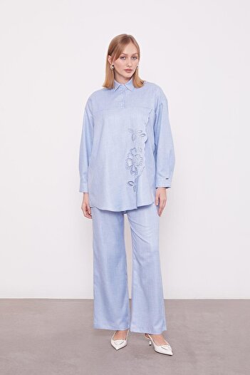 Levidor Baby Blue Embroidered Rose Detailed Tunic Set