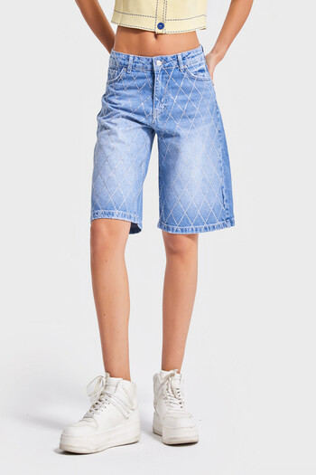 its basic Women's Denim Color T-2S5-4 Baggy Bermuda Fit Shiny Stone 100% Cotton Design Denim Jean