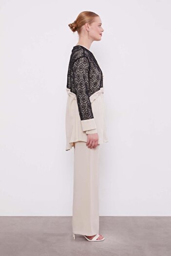 Levidor Stone-Black Lace Detailed Triple Tunic Set