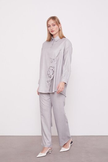Levidor Gray Embroidered Rose Detailed Tunic Set