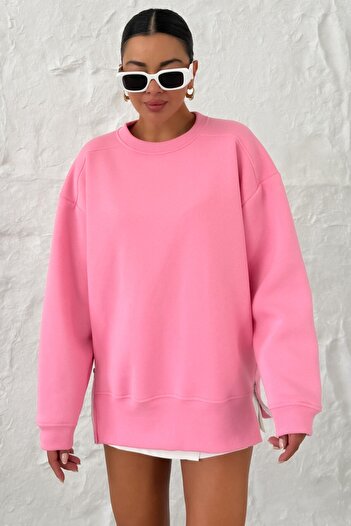 MODAGEN Women's Pink Crew Neck Sweatshirt with Half Zipper Detail on the Side