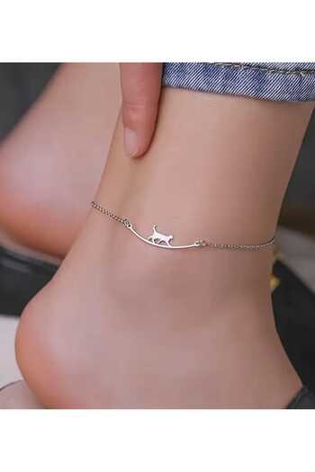 sarıyer silver Stylish Steel Anklet Bracelet with Cat Figure, Suitable for Daily Use, Pet Cat Themed Anklet