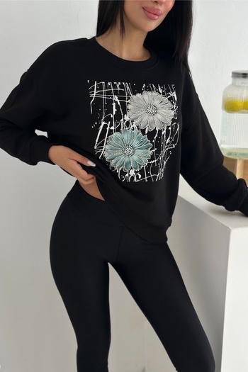 FEMELLE Black Stone and Bead Embroidered Floral Patterned 100% Cotton Sweatshirt