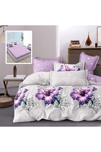 Pucioasa Finet bed linen with elastic, 6 pieces, purple hibiscus flowers