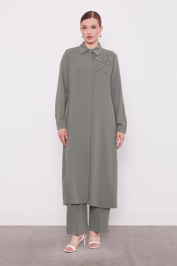 Levidor Khaki Stone Flower Detailed Tunic Set
