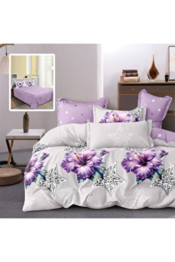 Pucioasa 6-piece finet double bed linen, Purple hibiscus flowers