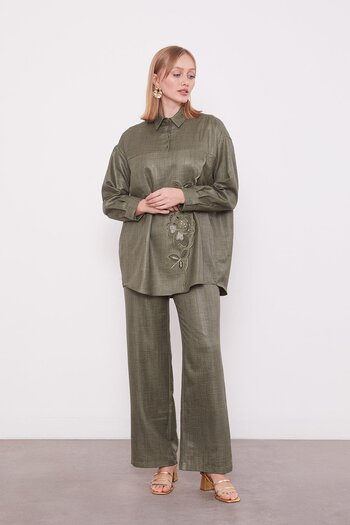 Levidor Khaki Embroidered Rose Detailed Tunic Set