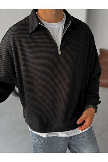 BYBASICMAN Siyah Yarım Fermuarlı Fitilli Sweatshirt JJ-116