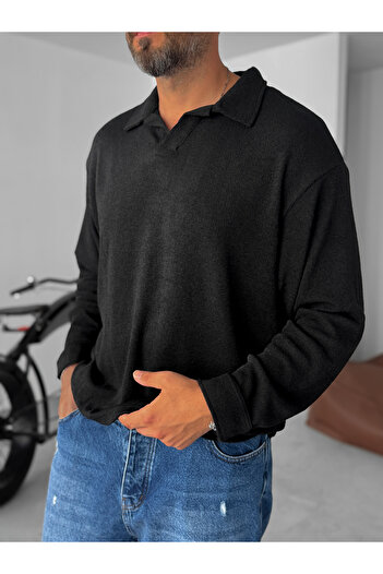 BYBASICMAN Black Collared Knitwear Sweatshirt Tw-1582