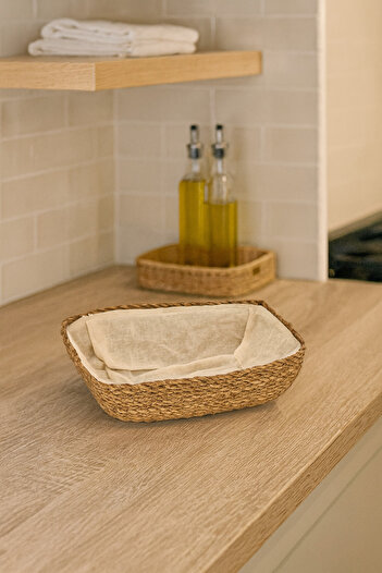 Çavdar Group Rectangular Wicker Bread Basket Hand Knitted Wicker Basket with Cloth