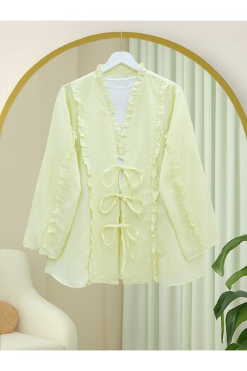 Modamorfo Linen Shirt with Ruffle Front and Tie Sleeves - Light Yellow