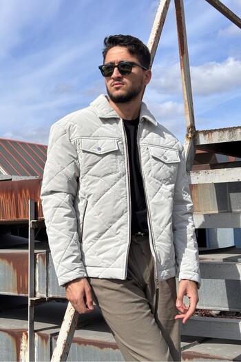 inpool Shirt Collar, Oversized, Double Pocket Flap, Diamond Patterned Quilted Jacket 2504