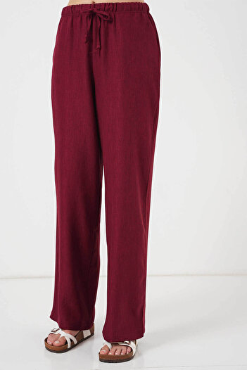 Bigdart Wide Leg Linen Burgundy Women's Trousers 6735