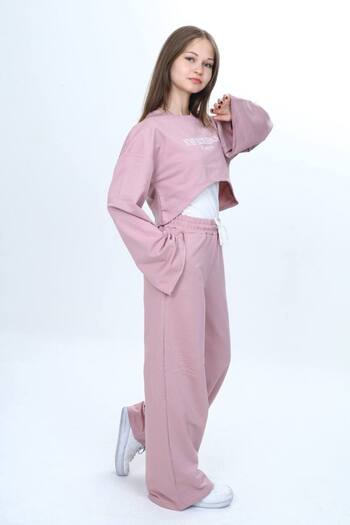 Jannock Girls' 100% Cotton 3 Piece Tracksuit Set – Modern Crop Top, Wide Sleeve, Sports Combination-182
