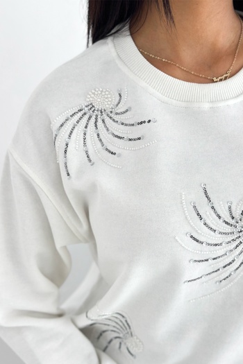FEMELLE White Stone and Sequin Embroidered Patterned 100% Cotton Sweatshirt
