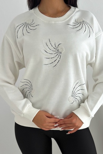 FEMELLE White Stone and Sequin Embroidered Patterned 100% Cotton Sweatshirt