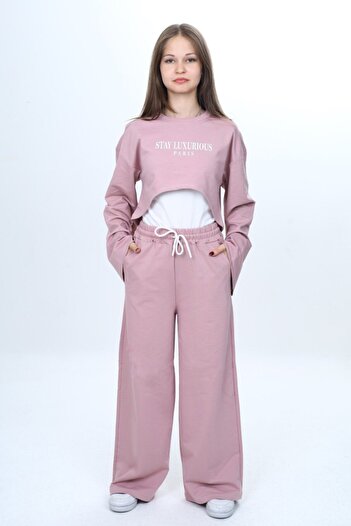 Asortik Kids Girls' 100% Cotton 3 Piece Tracksuit Set – Modern Crop Top, Wide Sleeve, Sports Combination-182
