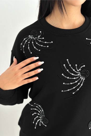 FEMELLE Black Stone and Sequin Embroidered Patterned 100% Cotton Sweatshirt