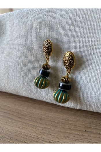 dela otantik Handmade Turquoise and Gold Color Dangle Earrings - Authentic Ethnic Big Earrings - Bohemian Bijouterie Jewelry