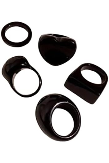 Just Pretty Corner Vintage Boho Style Resin Ring Set- 5 Pieces, Black, Assorted Geometric and Heart Shapes