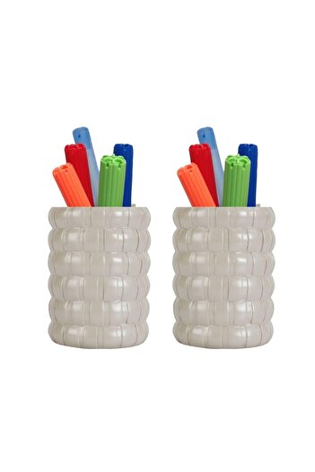 Bosphorus 2 Pieces Pen Holder Cream Knitted Polyresin Model Office Supplies 9X9X12Cm