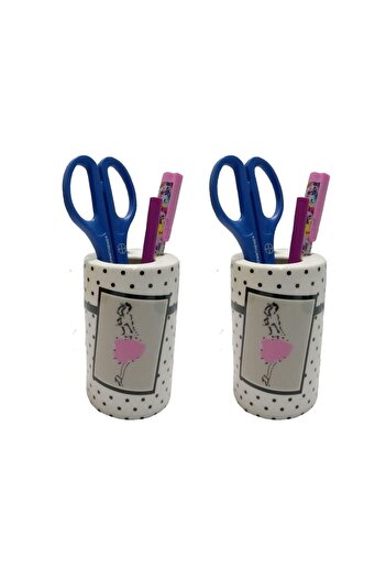Bosphorus 2 Pieces Pen Holder with Pink Dress Woman Model Ceramic Office Supplies 7X7X11Cm
