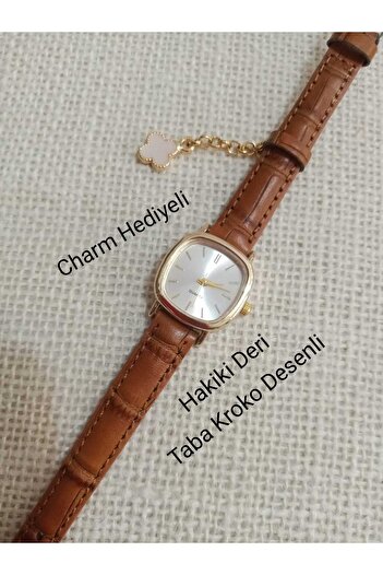 Brality Charm Gifted.. Genuine Leather Tan Cord Vintage Oval Square Women's Wristwatch.. Gold Case.. 0021