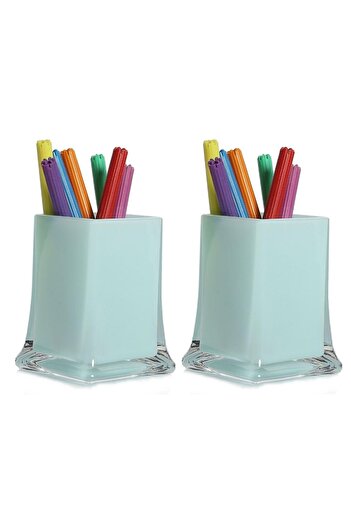 Bosphorus 2 Pieces Pen Holder Ice Blue Color Office Supplies 6X6X10Cm 300ml