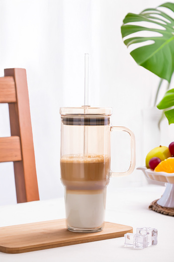 Porsima 3483-1 Vacuum Lid Glass Thermos Mug with Straw and Handle 900ml