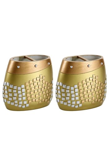 Bosphorus 2 Pcs Pen Holder Golden Mosaic Polyresin Office Supplies 10X10X5Cm