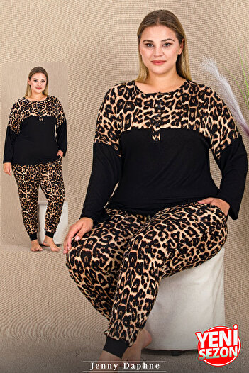 Jenny Daphne Leopard Patterned Top and Bottom Soft Pajamas Long Sleeve Cuffed Long Pants Viscose Fabric Pajama Set 11424
