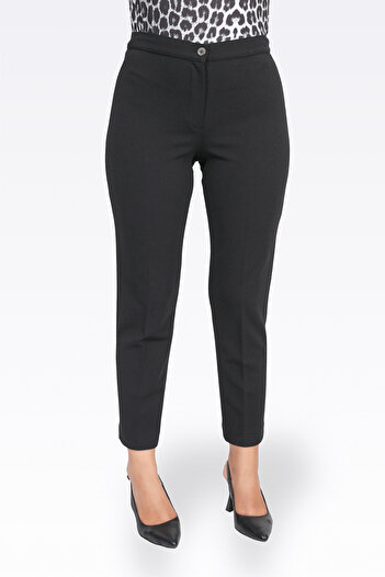TOLGA SARAÇOĞLU 30083 Black Narrow Leg Ankle Length Crepe Textured Pants