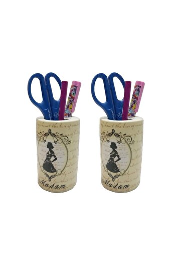 Bosphorus 2 Pieces Pen Holder with Madam Pattern Ceramic Office Supplies 7X7X11Cm