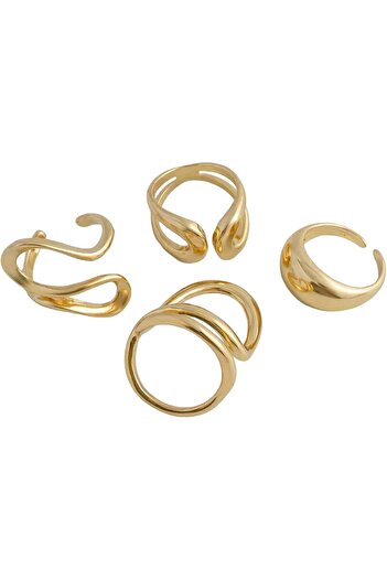 Just Pretty Corner Adjustable Gold-Plated Wave Design Rings Set, 4 Pieces, Modern Statement Jewellery